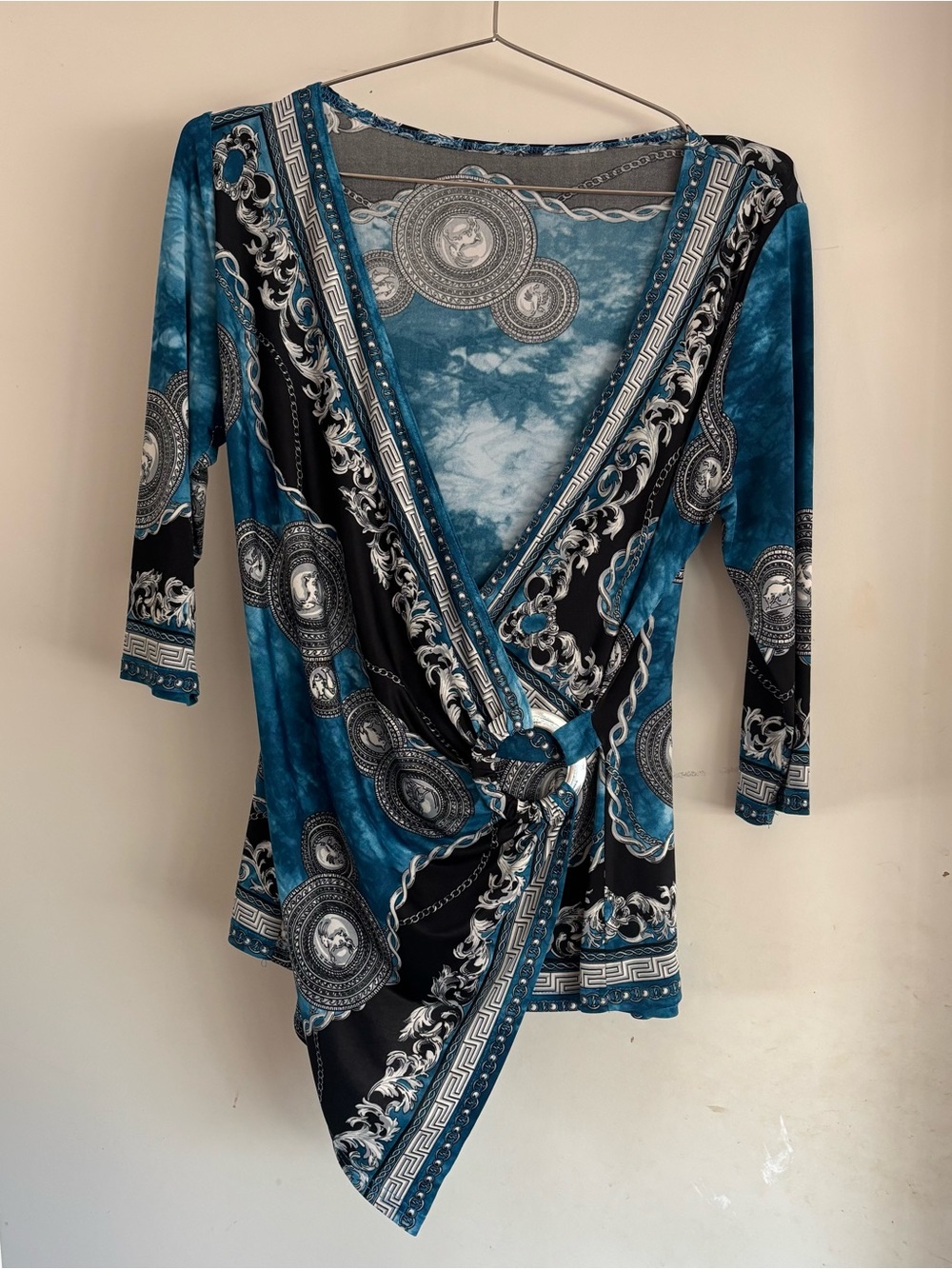 Blue & Black Baroque Wrap Top